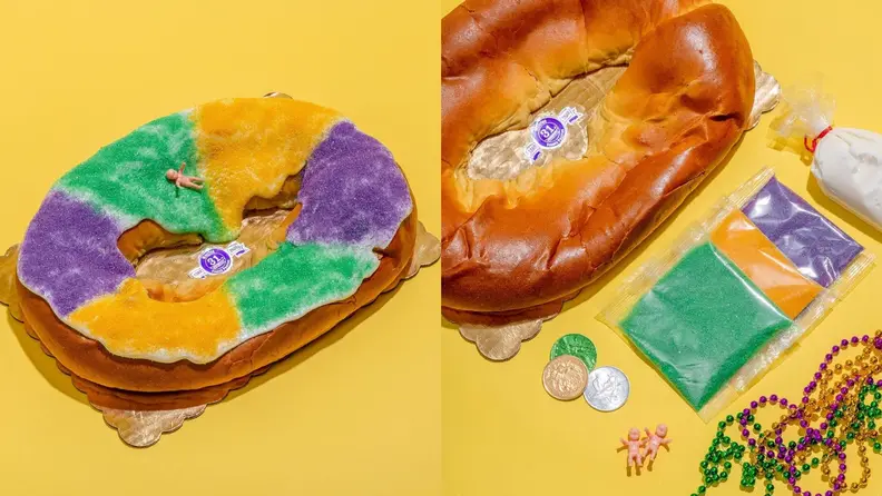 On left, a photo of a colorful Maurice king cake on a bright yellow background. On right, a photo of the uncompleted kit, with the unfrosted cake, packets of frosting, and festive beads.