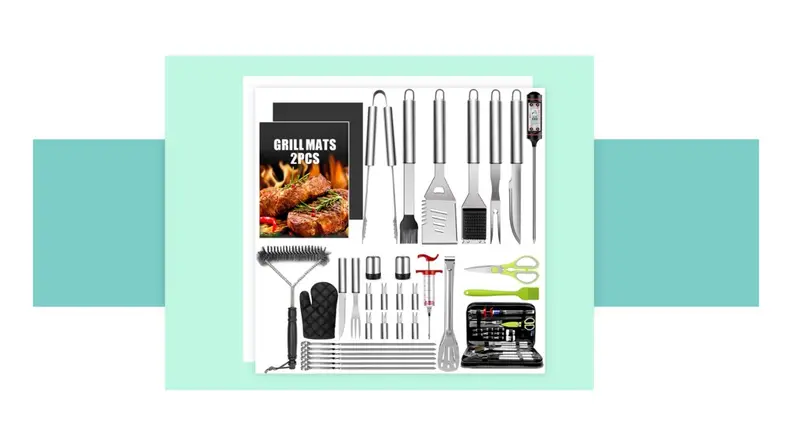 A grilling accessories kit in front of a background.