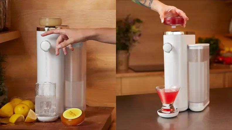 Two images of a hand using the Bello water filter as it extracts liquid