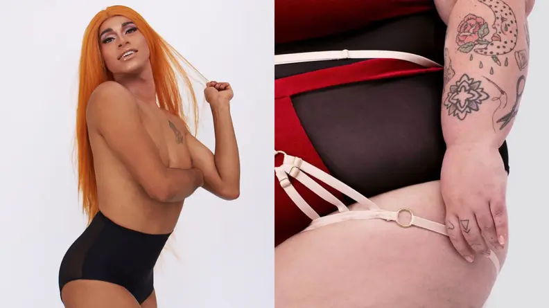 Person wearing gender-affirming bikini bottoms and person wearing bottoms next to them.