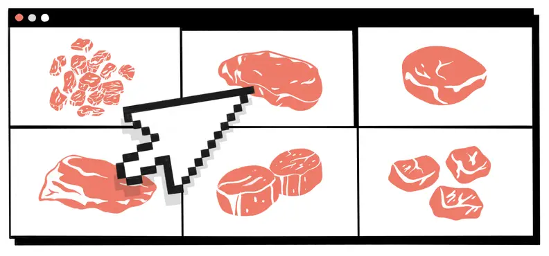An illustration of a computer mouse clicking on a steak, symbolizing purchasing meat online.