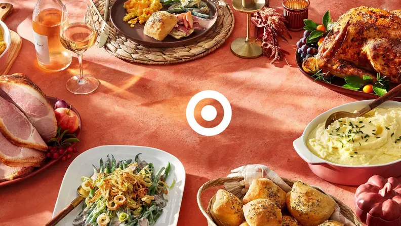 Spread of Thanksgiving dishes on a table, with the Target logo in the middle
