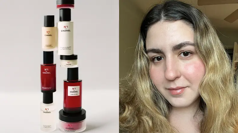 On the left: A smattering of cosmetics stacked on top of each other in two lines. On the right: The author smiling at the camera wearing makeup.