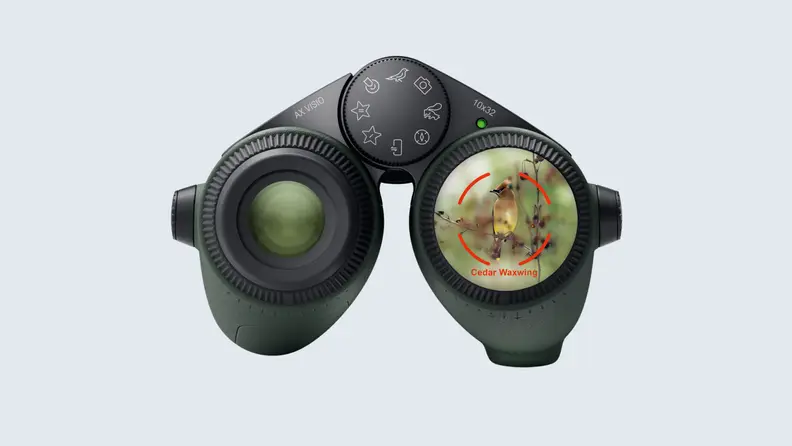 A pair of Swarovski Optik AX Visio smart binoculars with a bird in sight.