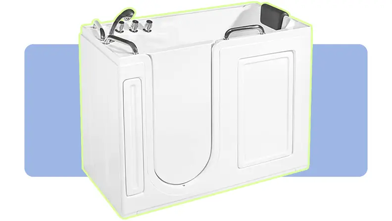 An Empava walk-in tub on a blue background