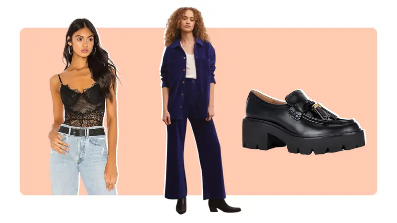 A model wearing a black bustier, a model wearing a matching blue outfit, and a black loafer.