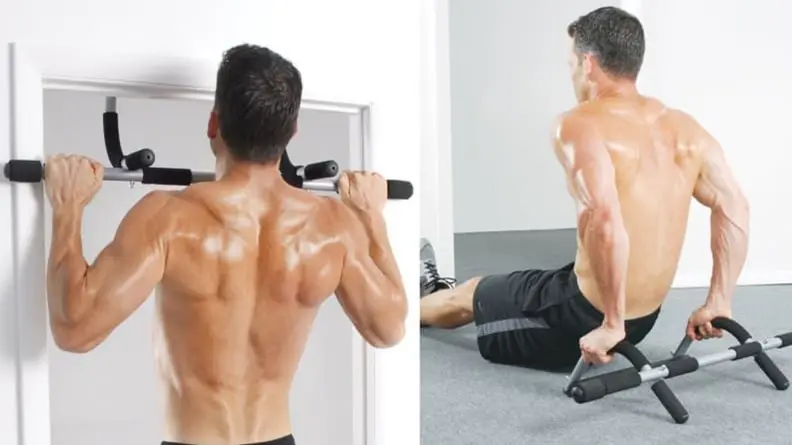 Left: A man does a pull-up using the Iron Gym Upper-Body Workout Bar. Right: A man doing a tricep dip with the workout bar.