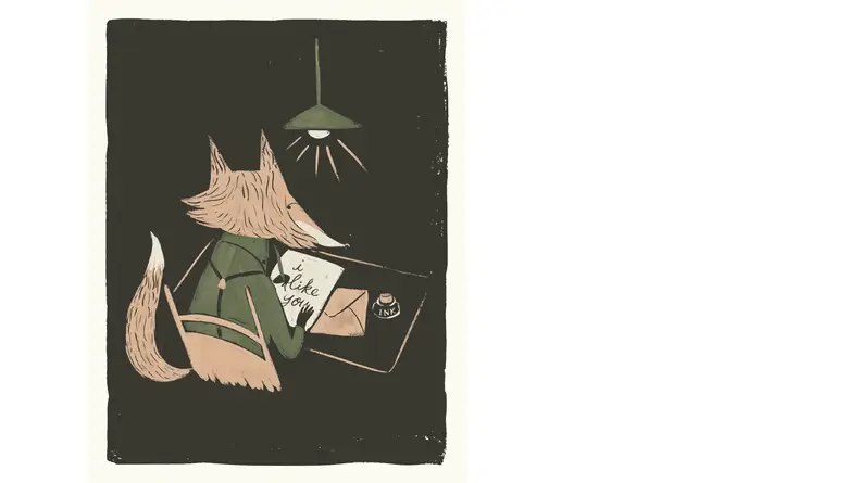 A cartoon fox sits at a desk, doing calligraphy. 