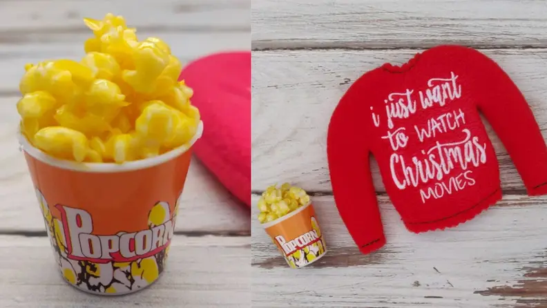 Miniature popcorn and a red sweatshirt for the elf.