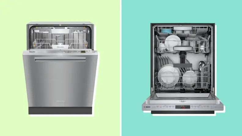 Two dishwashers, one closed and another open with dishes inside, next to each other in front of a background.