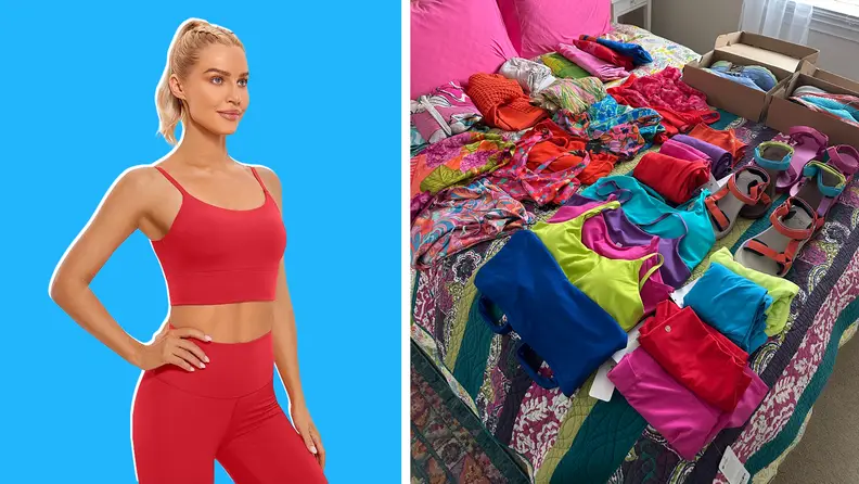 A collection of colorful clothes laid out on a bed, and a model wearing a sports bra.