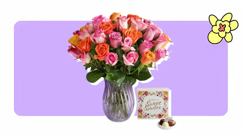 A bouquet of multicolored roses in a purple glass vase, paired with a box of chocolates labeled “Sweet Smiles,” set against a lavender background with a yellow flower illustration.