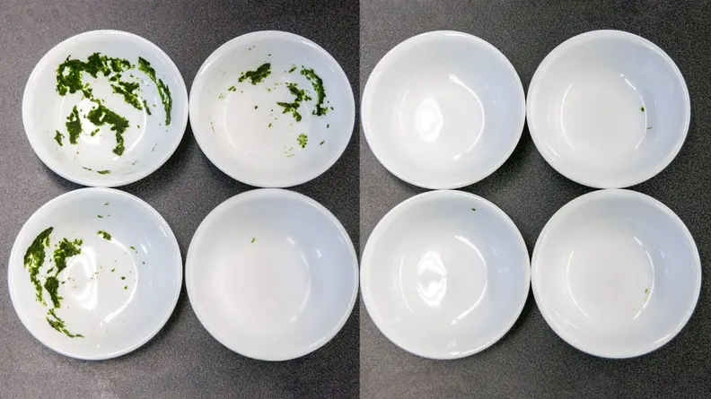 This image has two halves. The left half shows four bowls. One is mostly clean except for a small spec, but the other two have quite a lot of stain still remaining. On the right are also four bowls. One is spotless, and the other three have small specs comparable to the cleanest bowl from the left image.