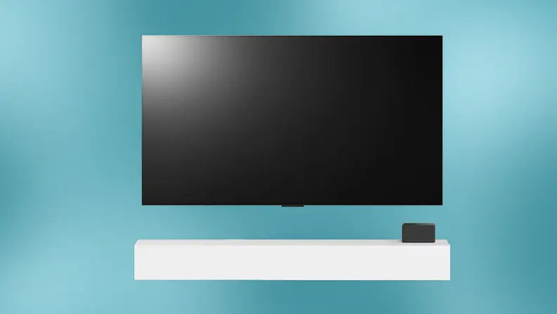 A television, table, and signal box on a blue background