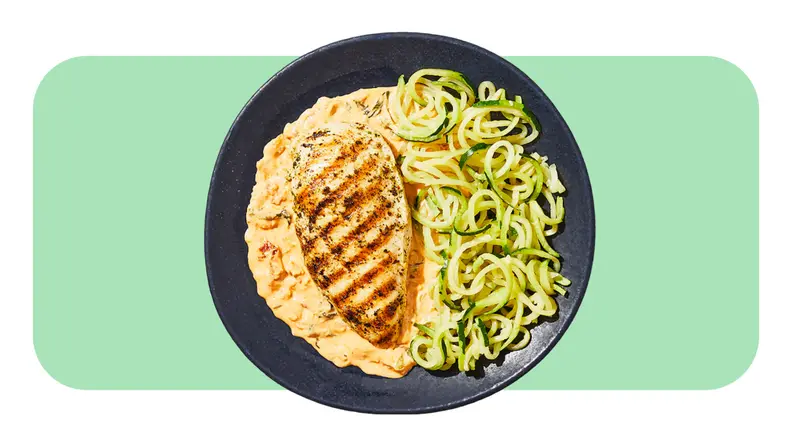 A plate served with Sun-Dried Tomato Chicken with Zucchini Noodles from the Factor meal kit.