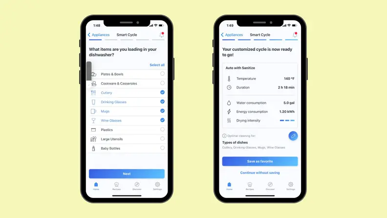 Two phone screens showing Bosch Home Connect app screenshots on yellow background