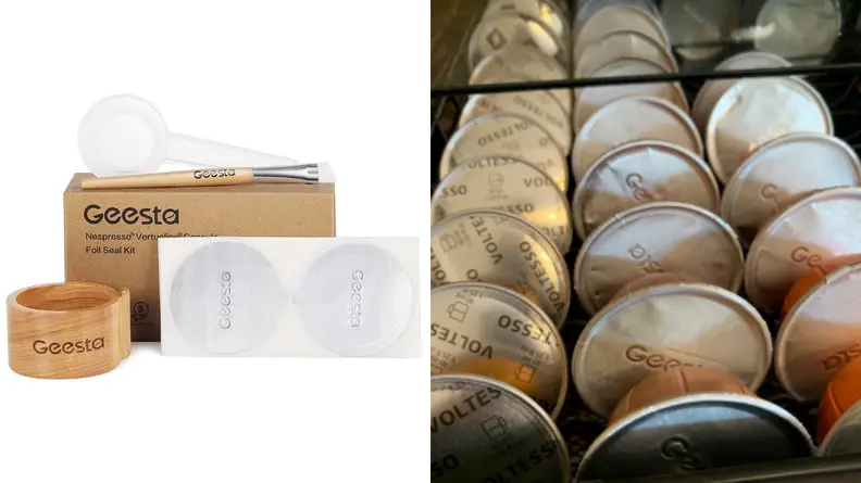 Geesta Nespresso stickers on white background / Drawer filled with brown Nespresso pods