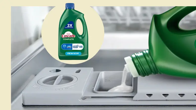 Cascade dishwasher detergent gel poured into the dishwasher.