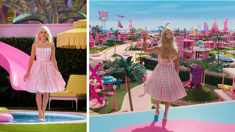 Two shots of Margot Robbie as Stereotypical Barbie in the Barbie movie, wearing a pink gingham dress.