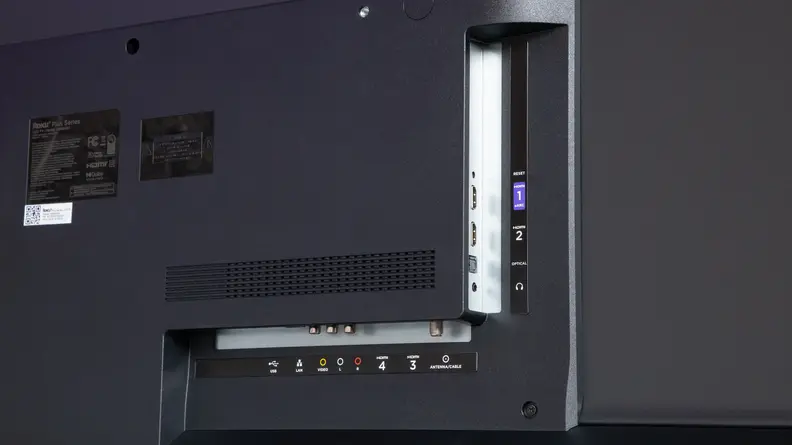 Close-up of the HDMI inputs in the back of the Roku Plus Series QLED TV.