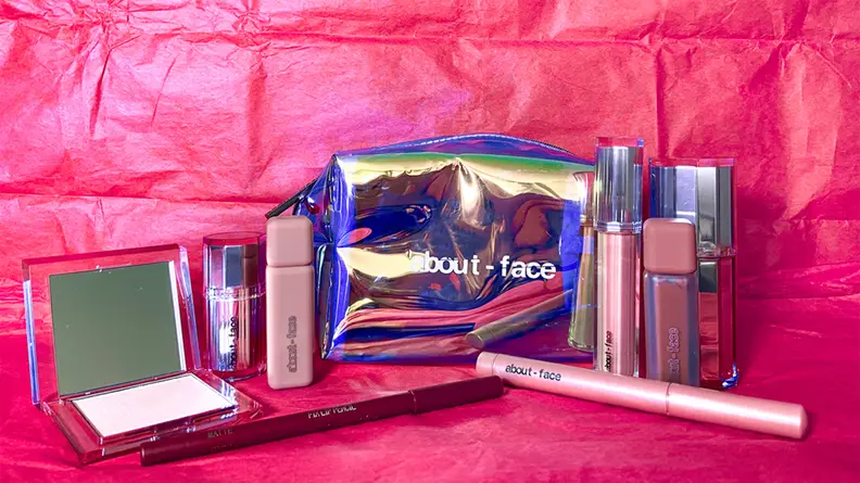 The products the author tested from Halsey's About-Face makeup line.