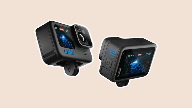 action camera on beige background