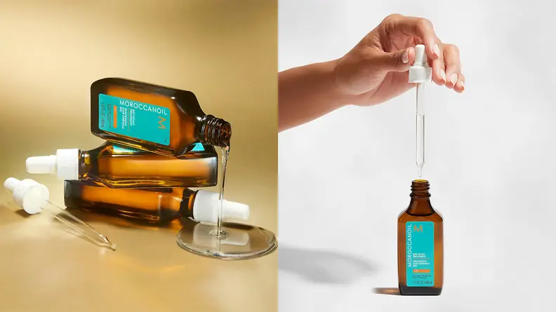 On the left: Three brown Moroccanoil bottles stacked on each other. On the right: A hand holding the bottle's dropper above the brown bottle.