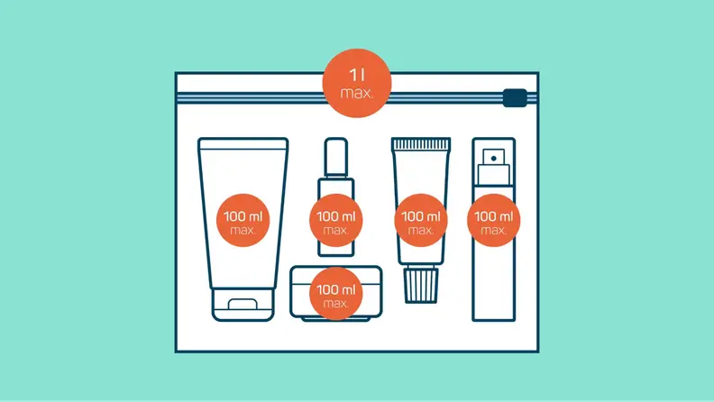 Diagram of a bag with the contents shown as various containers all under 100 milliliters.