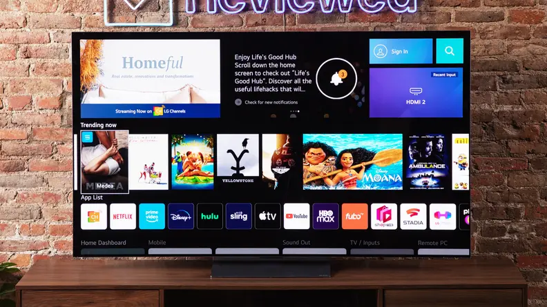The menu of an LG OLED TV showing smart apps.