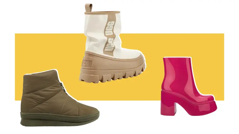 Keds Bundle Bootie, Ugg Classic Brellah Mini, and Melissa Nubia boots on a yellow background