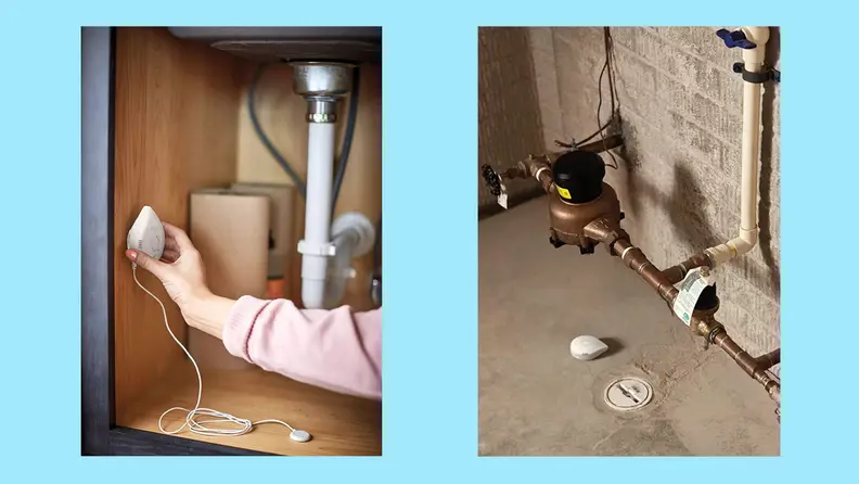 Two photos showing the Moen Flo sensor plugged in. One is under the sink, another is in a basement.