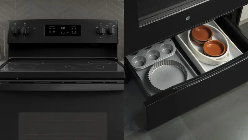 Left: GE JBS60DKBB electric range close up. Right: The opened appliance drawer under the range.