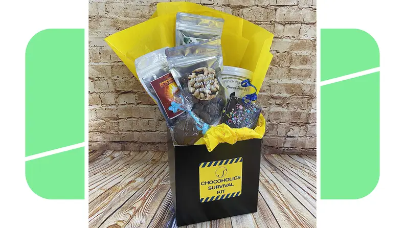 A Chocoholics Survival Kit subscription box from Speach Family Candy Shoppe featuring a variety of different chocolates on a green background.