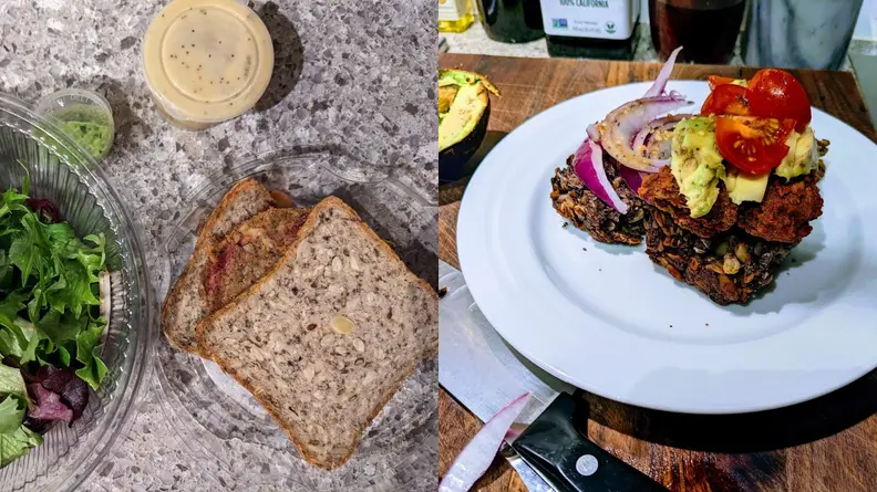 On left, Sakara’s Red Beet Burger with poppy seed vinaigrette on Sakara’s signature bread. On right, onions and tomatoes on top of bread.