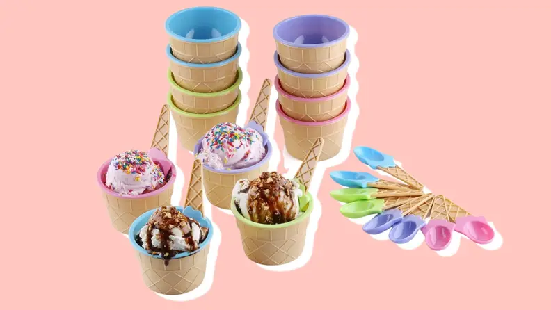 Several colorful ice-cream themed cups and bowls on a pink background