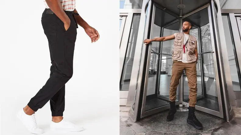 Left: A model poses in black chino pants. Right: A model poses in black boots, tan pants, and a cargo vest.