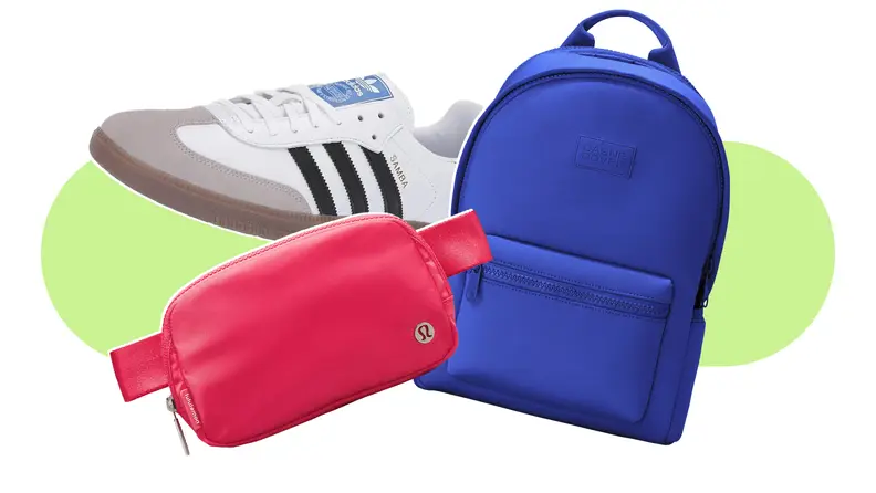 Collage of an Adidas sneaker, pink belt bag, and a blue backpack.