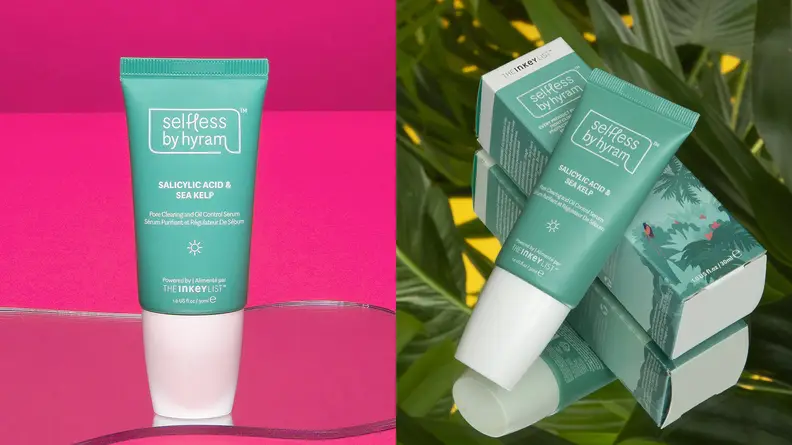 On the left: The Selfless by Hyram Salicylic Acid & Sea Kelp Pore Clearing and Oil Control Serum stands on a hot pink background with puddles beneath it. On the right: The same serum lays on its box packaging with plants in the background.