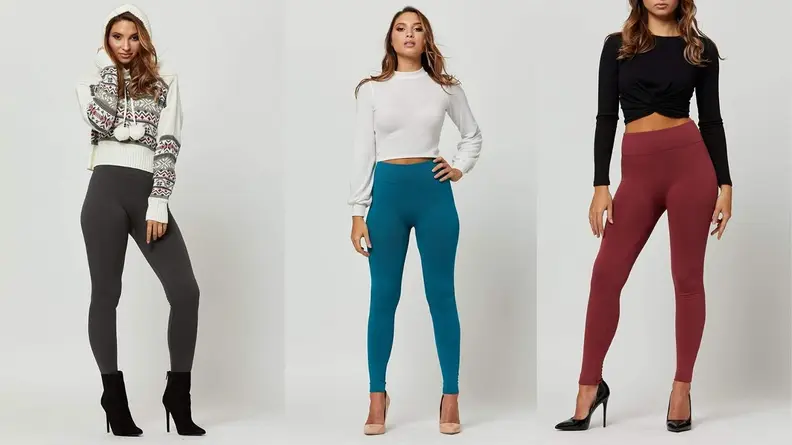Three different images: On the far left, a model poses in warm, winter-themed activewear and high heels. In the center, the same model poses in a white long-sleeved shirt and blue leggings. To the right, the model is shown in a black long-sleeved shirt and maroon leggings.