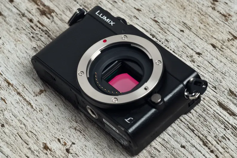 A photo of the Panasonic Lumix GM5's lens mount and sensor.