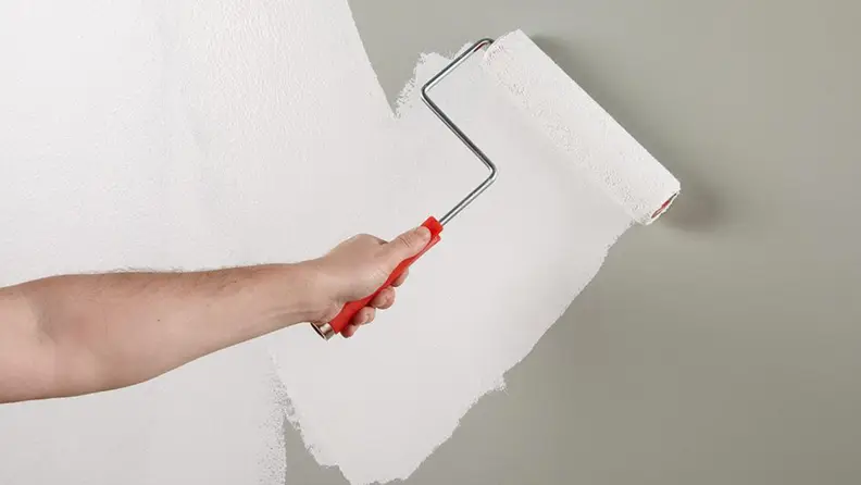 A person primes their walls before painting.