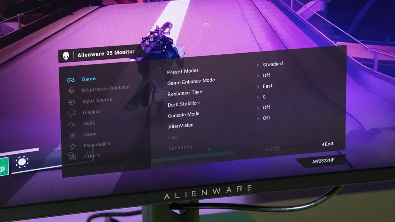 Preset monitor settings on the Alienware AW2523HF gaming computer.