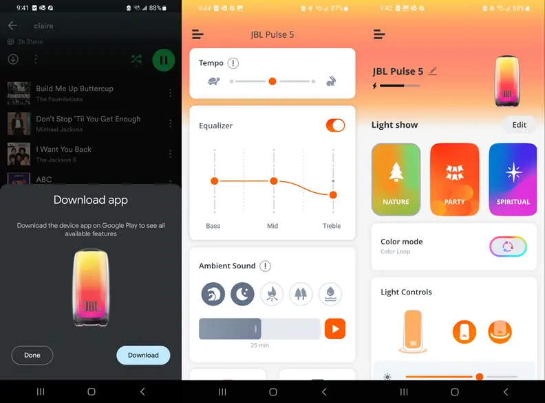 Three screenshots of the JBL app on an Android phone