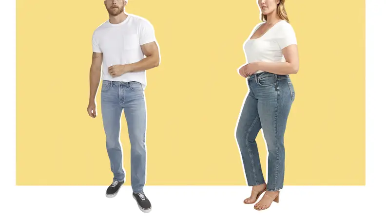 Models wearing Silver Jeans Co. jeans, including a plus-size model wearing skinny jeans, and a male model wearing light slim-leg jeans.
