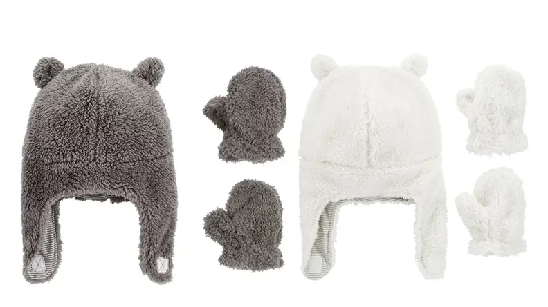 Two images of fluffy hat and mitten sets