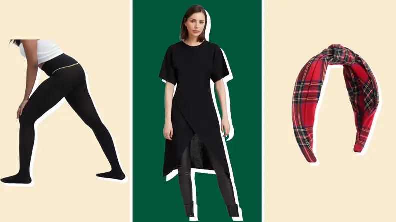 Collage of black women's tights, a black tunic dress, and a red plaid headband.