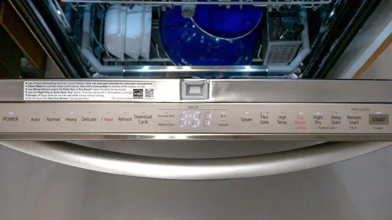Top-facing control panel with buttons and display time on the LG LDTH7972S.