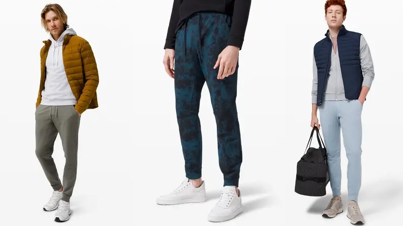 Three separate models pose in cool-weather Lululemon clothing.