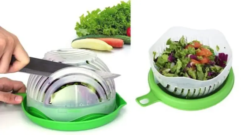 Left: A person using a knife to cut into the Websun Salad Cutter Bowl. Right: The Salad Cutter Bowl, filled with garden salad.