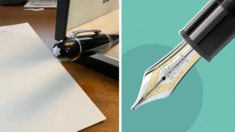 Close-up of a fountain pen nib and the Montblanc logo on the top of the pen cap.